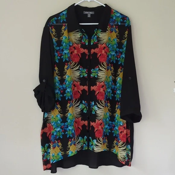Roz & Ali Floral Sheer Button Down Tropical Blouse Woman 2X Black Blue - Picture 1 of 16